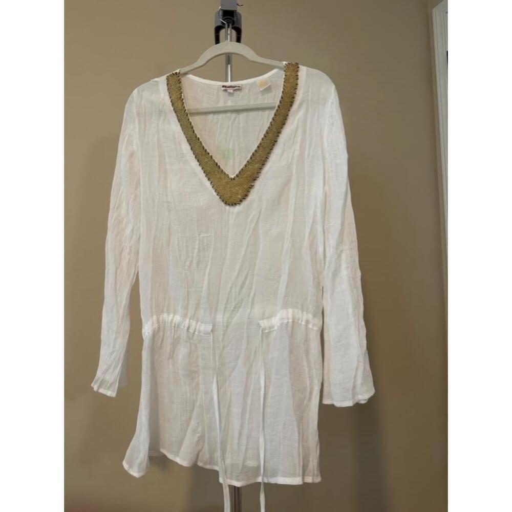Women's Zucar White Beaded Neckline Tunic Top L